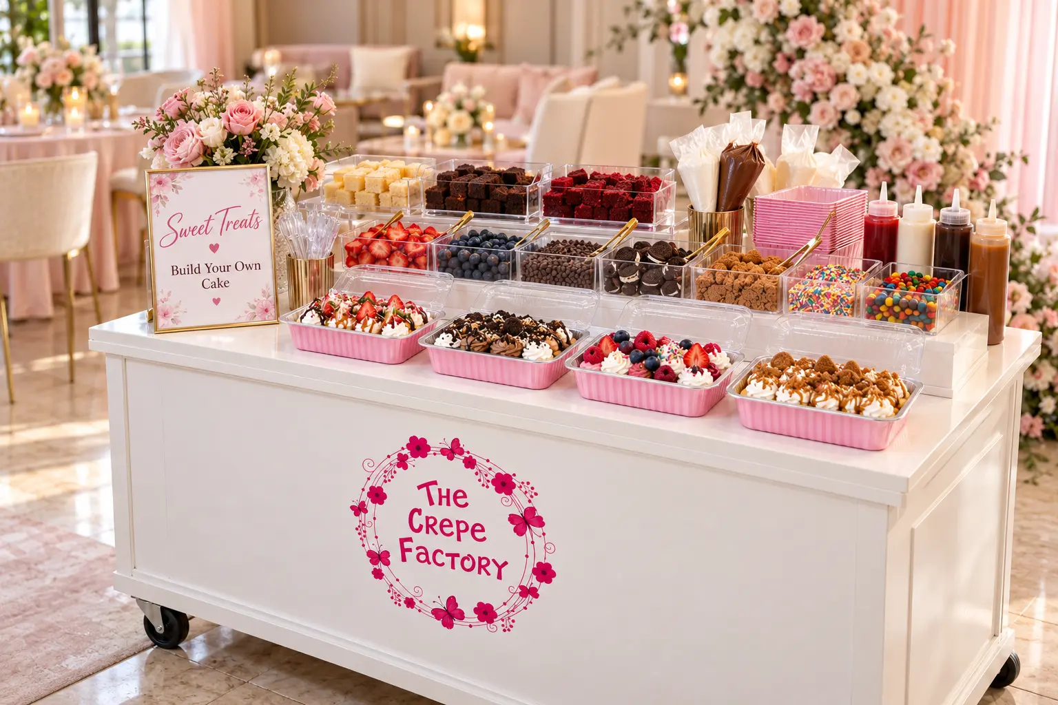 The Crepe Factory desserts bar with toppings, fruit and sauces