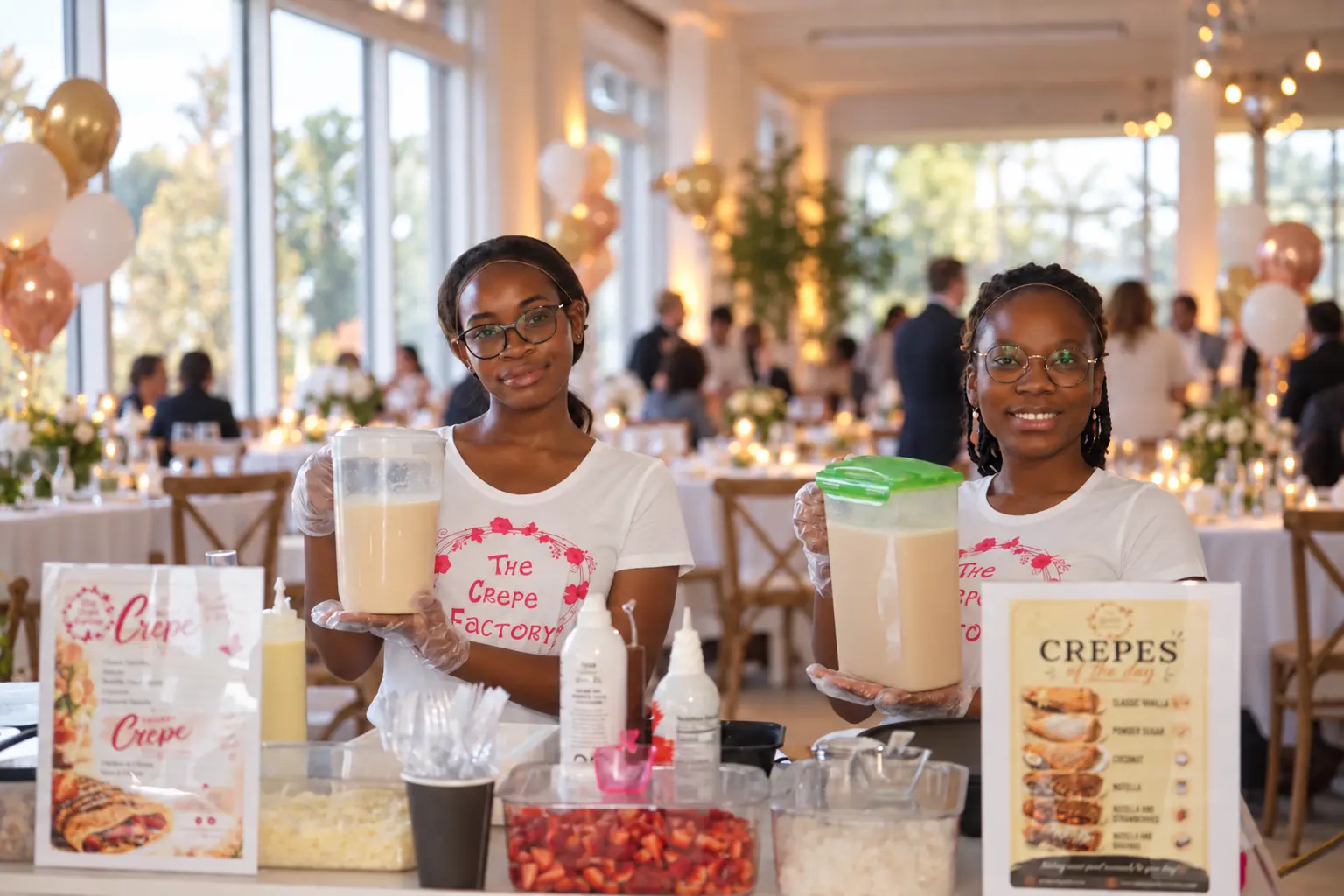 The Crepe Factory team holding batter containers behind the crêpe station at a celebration