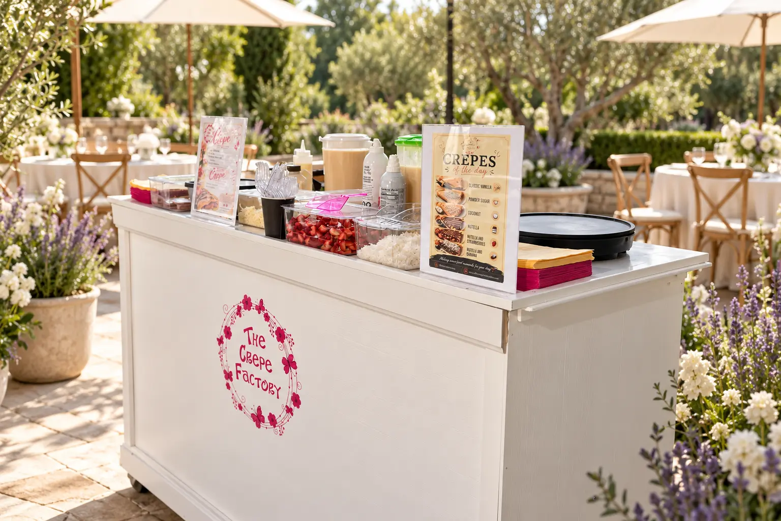 The Crepe Factory outdoor mobile station in a garden setting
