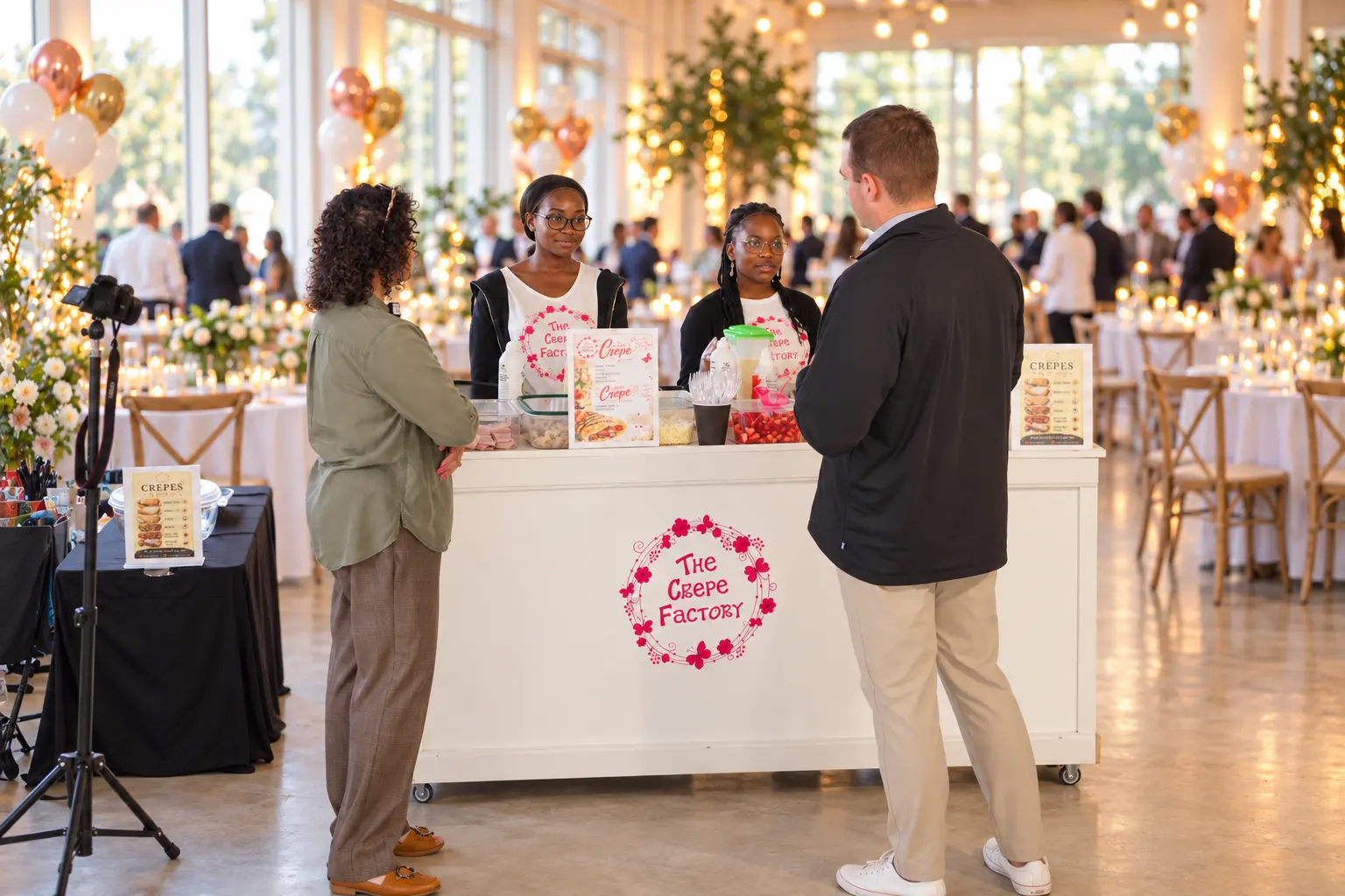 Guests chatting with The Crepe Factory team at the crêpe station